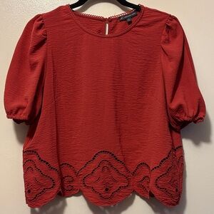 Adrianna Papell Red Blouse with Embroidered Hem